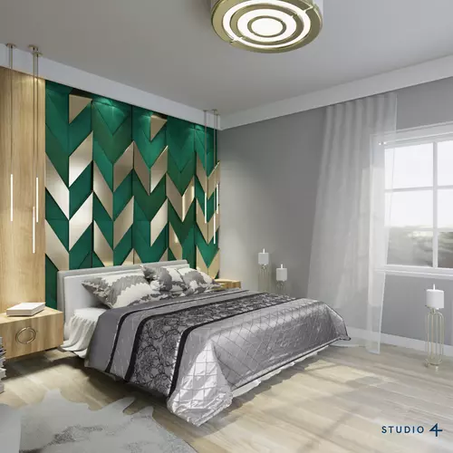 Sypialnia z zieloną tapicerką